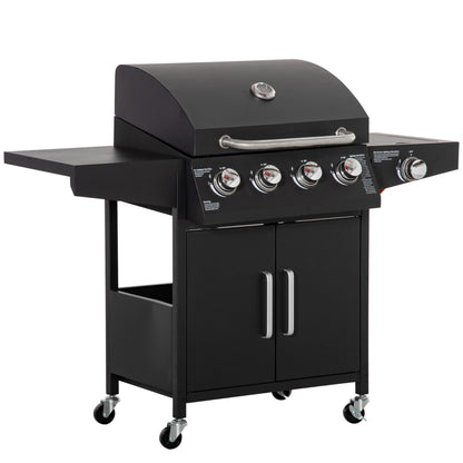 Outsunny gasgrill med 3 brændere, 3 kW hver, mobil grillvogn med 4 hjul, grillrist, sideborde, trykregulator, slanger, skab, multifunktionel, metal, sort, 132,4 cm x 55 cm x 109 cm