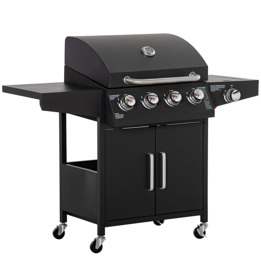 Outsunny gasgrill med 3 brændere, 3 kW hver, mobil grillvogn med 4 hjul, grillrist, sideborde, trykregulator, slanger, skab, multifunktionel, metal, sort, 132,4 cm x 55 cm x 109 cm