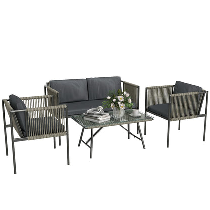Outsunny 4-delt havemøbel sæt, 1 bænk, 2 lænestole, 1 bord med glasplade, puder, stålramme, plast rattan, grå