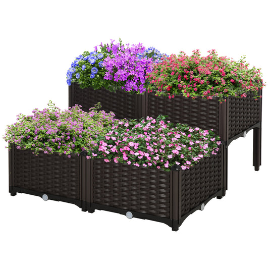 Outsunny forhøjet havebed, blomsterkasse med drænhuller, blomsterkasse med rattanlook, plastik, brun, 40 x 40 x 44 cm