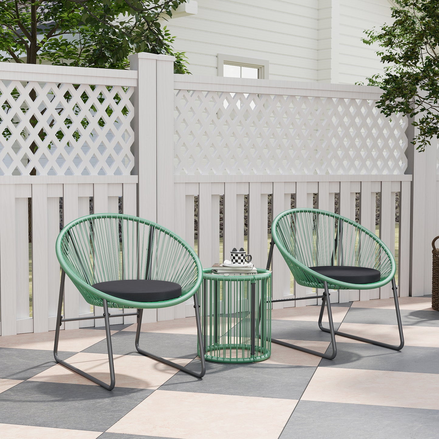 Outsunny 3-delt sæt havemøbler, 1 bord, 2 stole, glasbordplade, plast rattan rundt stålramme, bløde puder, grøn