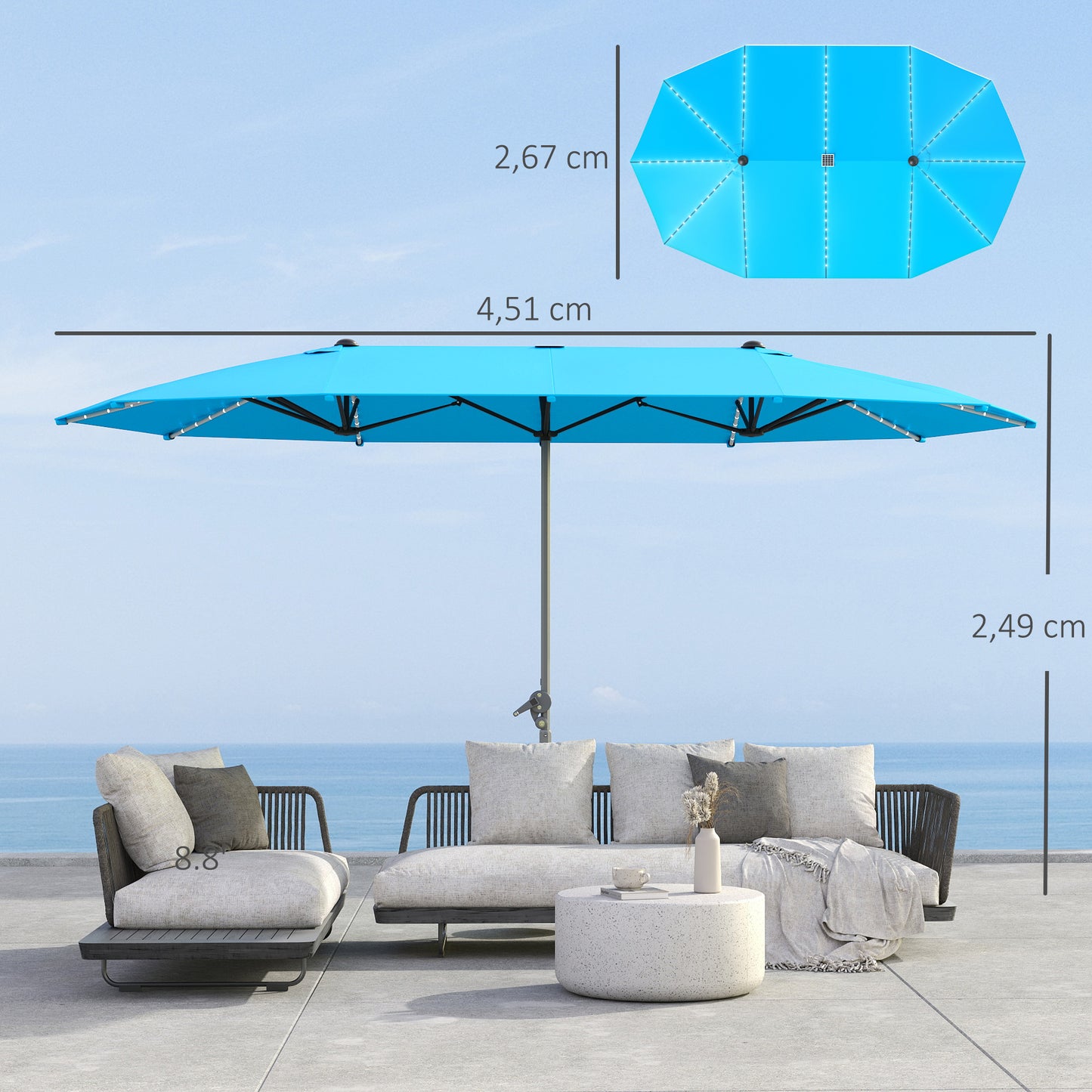Outsunny Dobbelt Parasoll med Solarlamper, Aluminium, Polyester, UPF50+ Beskyttelse, UV-bestandig, Terrasparasoll, Blå