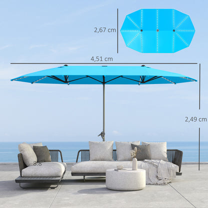 Outsunny Dobbelt Parasoll med Solarlamper, Aluminium, Polyester, UPF50+ Beskyttelse, UV-bestandig, Terrasparasoll, Blå