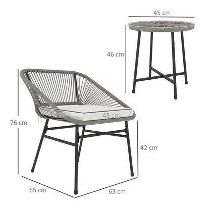 Outsunny 3-delt sæt havemøbler, 1 bord, 2 stole, rattan fletværk, stålramme, sofabord med glasplade, mørkegrå