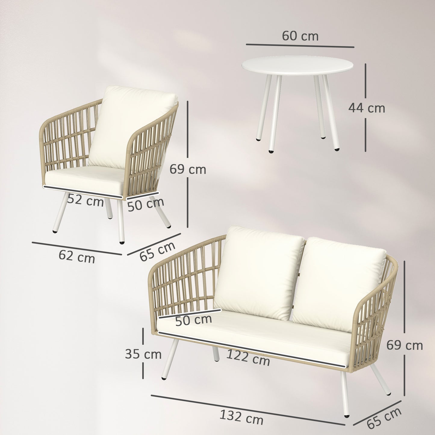 Outsunny havemøbel sæt af poly rattan loungesæt med 2-personers sofa, lænestol, bord, puder, vejrbestandig til 4 personer, khaki