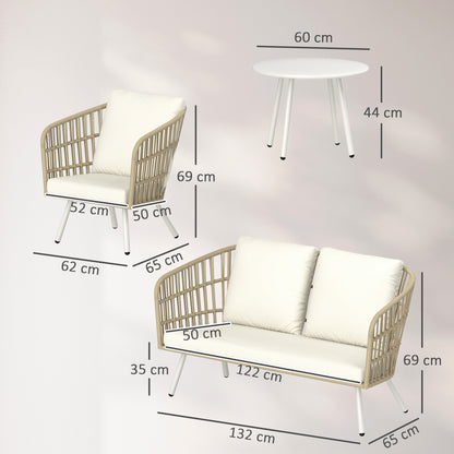 Outsunny havemøbel sæt af poly rattan loungesæt med 2-personers sofa, lænestol, bord, puder, vejrbestandig til 4 personer, khaki