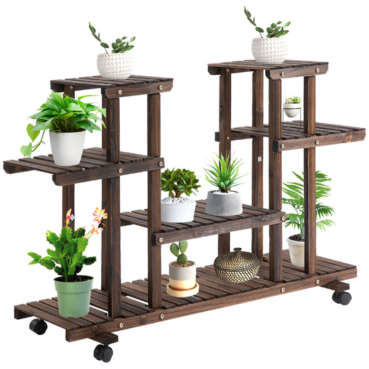 Outsunny plant stand with 6 shelves and 4 wheels, 123.5 cm × 33 cm × 80 cm, solid wood, brown