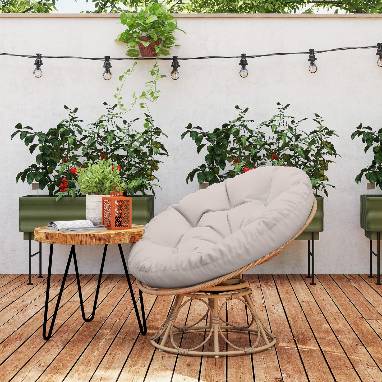 Outsunny Papasan stol, rattan, 360° drejelig rattan stol med siddepude, rund til udendørs brug