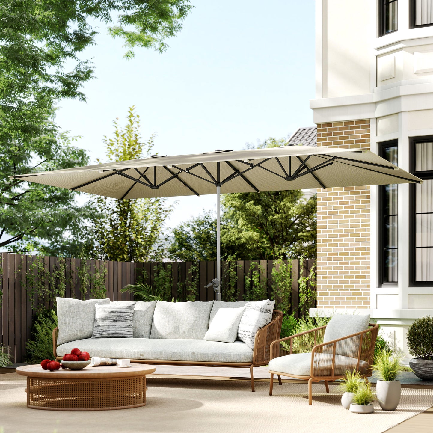 Outsunny Dobbelt Parasoll, 451 x 264 cm, Svingesystem, 12 Metal Spidser, Aluminium Stang, Cremehvid