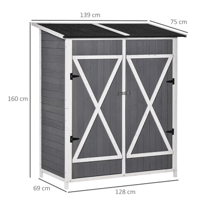 Outsunny Havestue/Værktøjsskur med 2 døre, værktøjsskabe med asfalt tag, anti-dump design med jordspyd, fyrretræ, grå+hvid, 139 x 75 x 160 cm