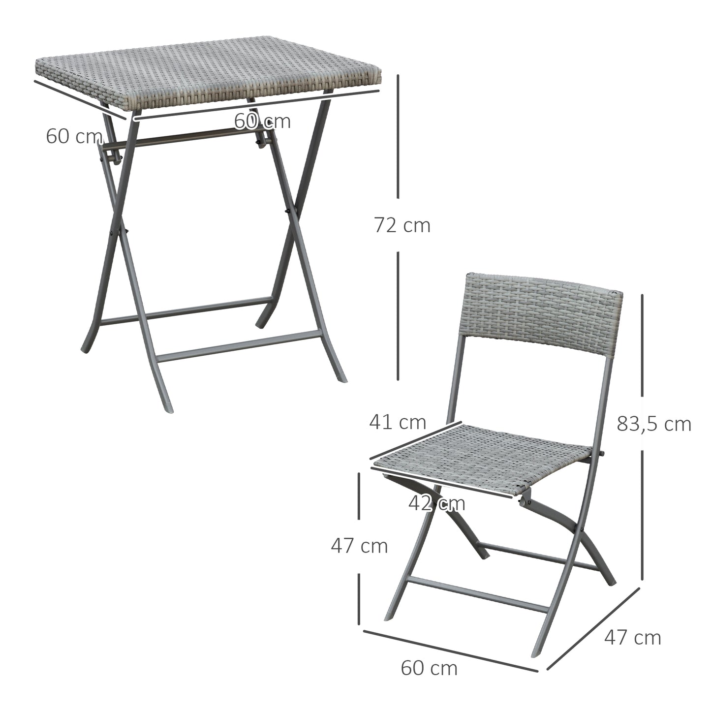 Havesæt i polyrattan – Bord og 2 klapstole, grå