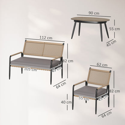 Outsunny havemøbel sæt af polyrotan loungesæt med 2-personers sofa, lænestol, glasbord, puder til 4 personer, mørkegrå + gul
