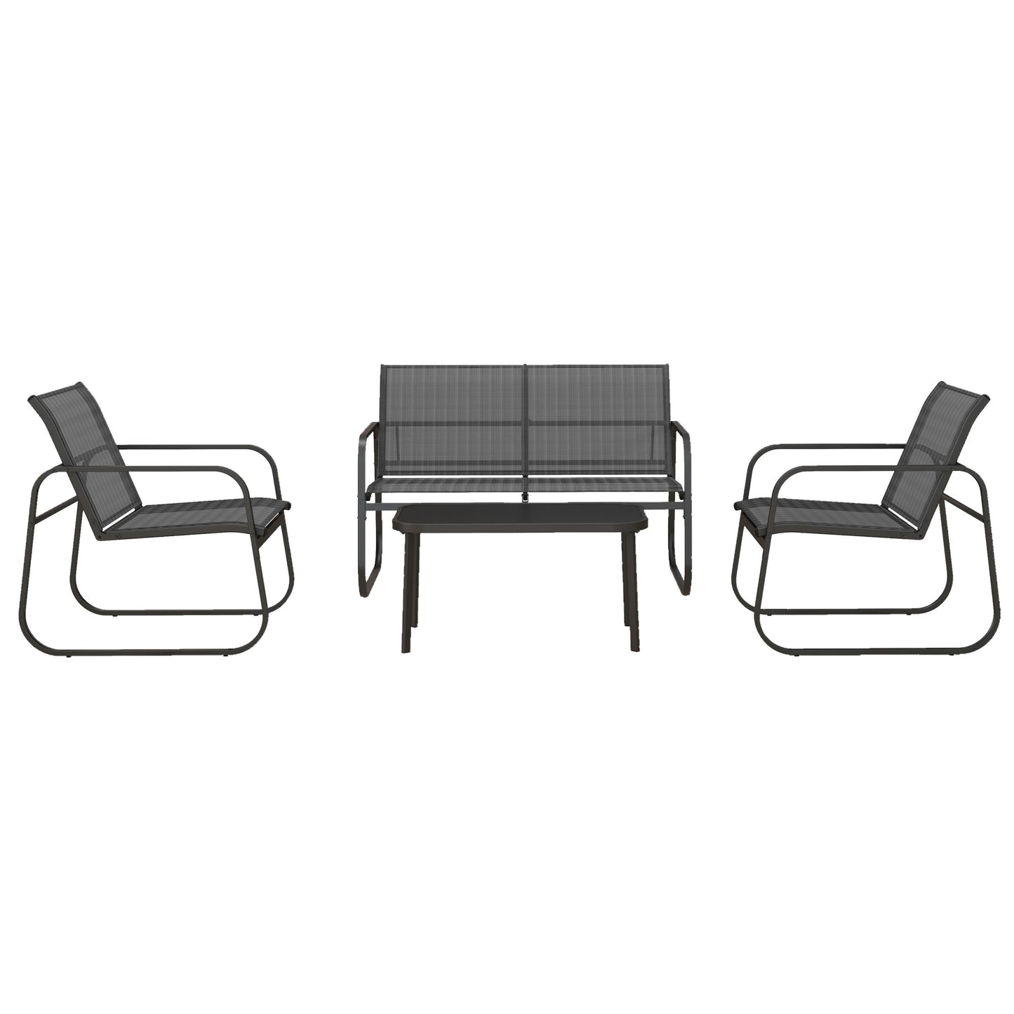 Outsunny 4-delt havemøbel sæt, 2 lænestole, 2-personers sofa, bord med glasplade, åndbart stof, metalramme, sort