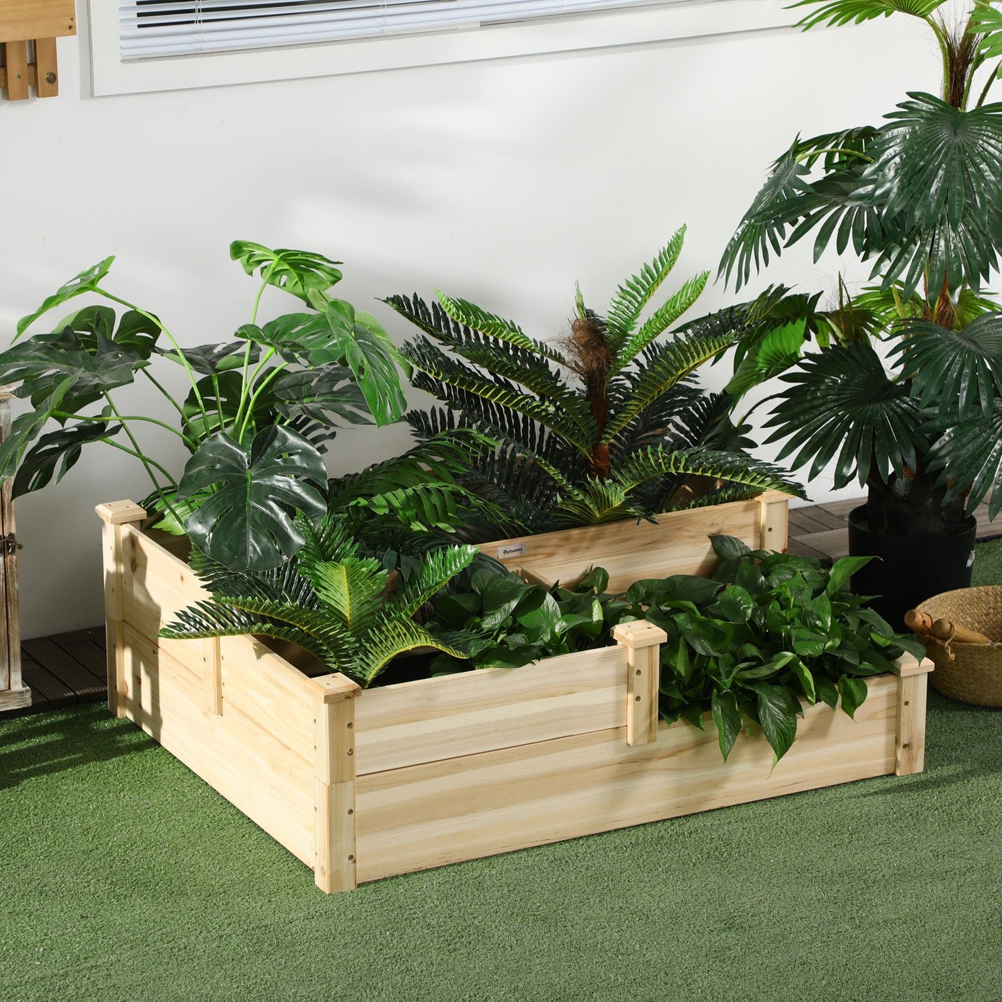 Hævet plantekasse fra Outsunny med 3 plantekasser, 3-lags design, åben bund, 108 cm x 88 cm x 36 cm, naturlig