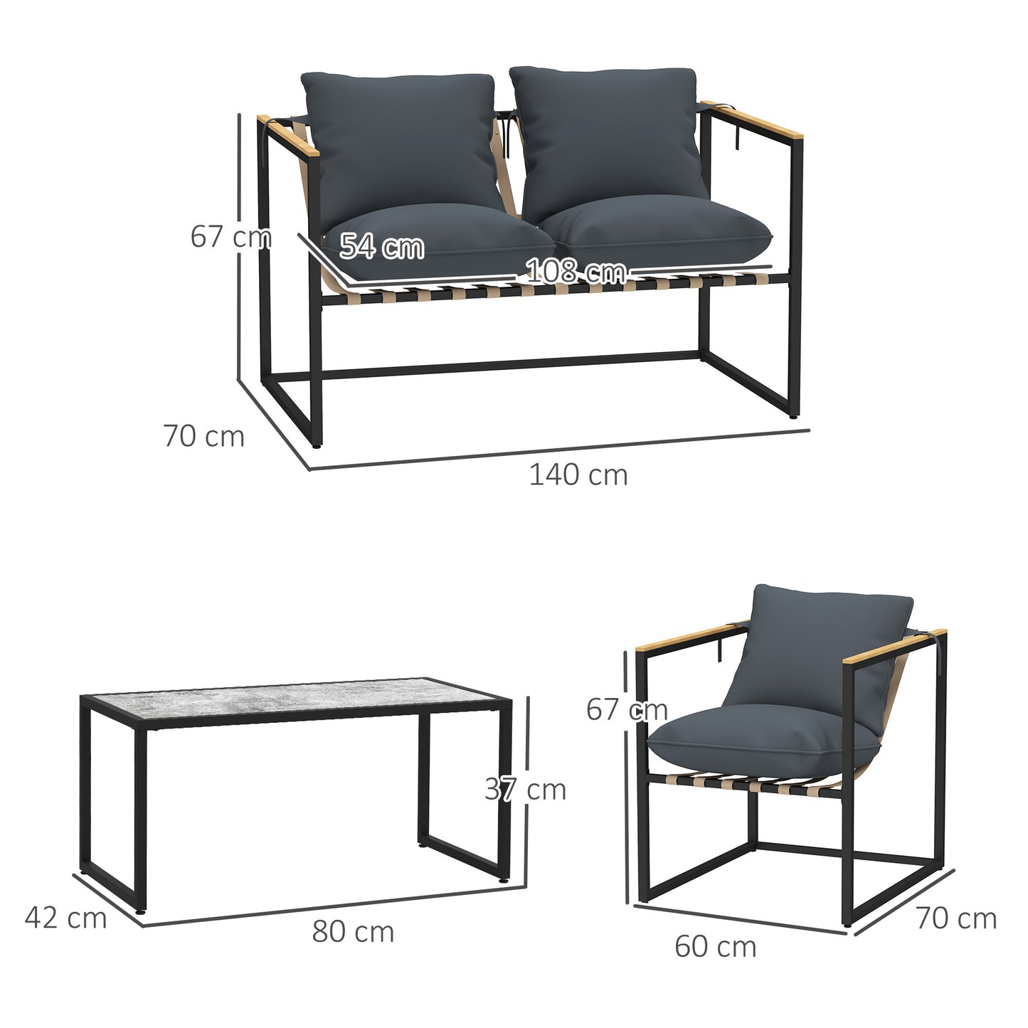 Outsunny 4-delt havemøbel sæt, havemøbel sæt, 2 lænestole, 2-personers bænk, 1 bord, polstret, stål, polyester, grå