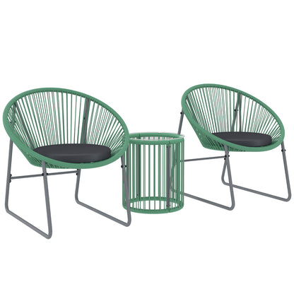 Outsunny 3-delt sæt havemøbler, 1 bord, 2 stole, glasbordplade, plast rattan rundt stålramme, bløde puder, grøn