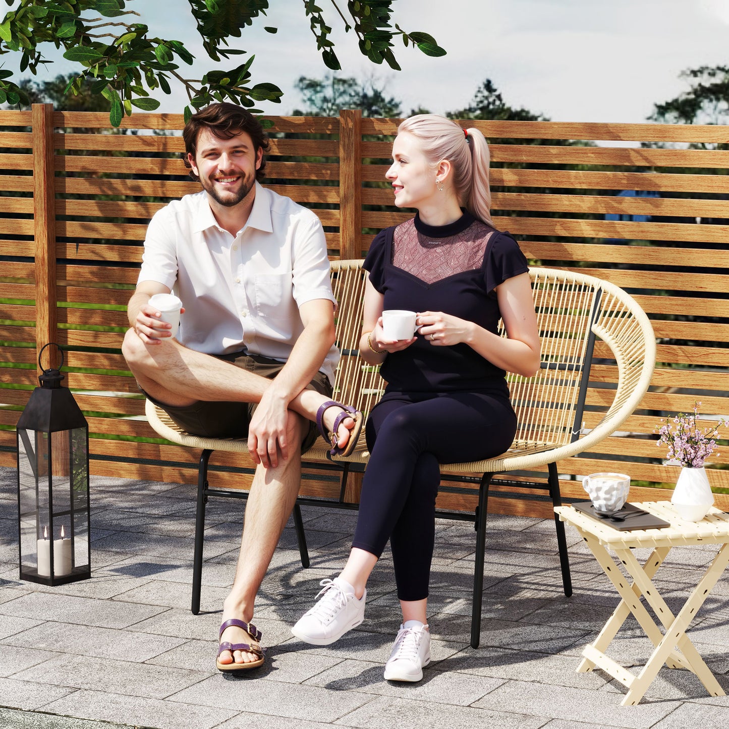 Outsunny 2-personers Havbænk, Polyrotan, Vejrbestandig, Rattan Bænk, UV-bestandig, Bæreevne 260 kg, Kaki