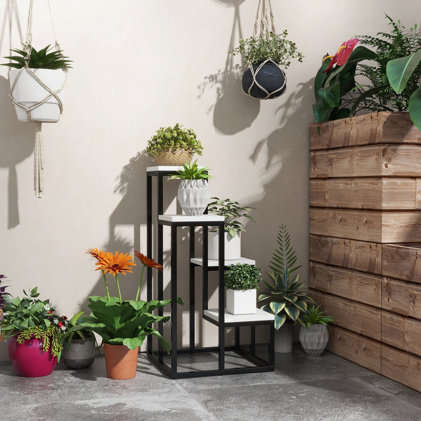 Outsunny blomsterhylde, 4-lags, indendørs & udendørs, metalramme, 34L x 34B x 70H cm, sort + hvid