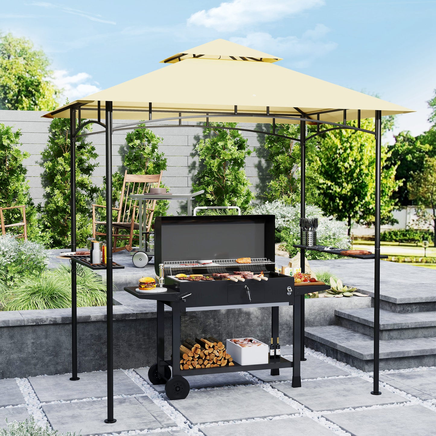 Outsunny Grillpavillon med LED-belysning, 240 x 150 x 258 cm, vandafvisende, flammehæmmende havepavillon med dobbeltlagtag