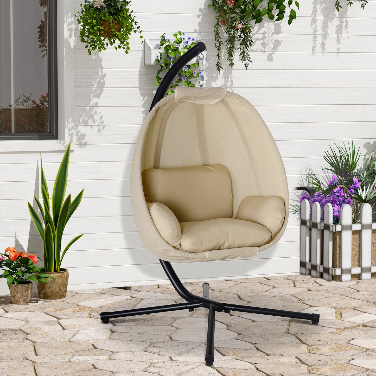 Outsunny Hængekøje, Æggeformet Gyngestol med Blødt Pude, Egnet til Indendørs- og Udendørsbrug, 125L x 95B x 170H cm, Khaki
