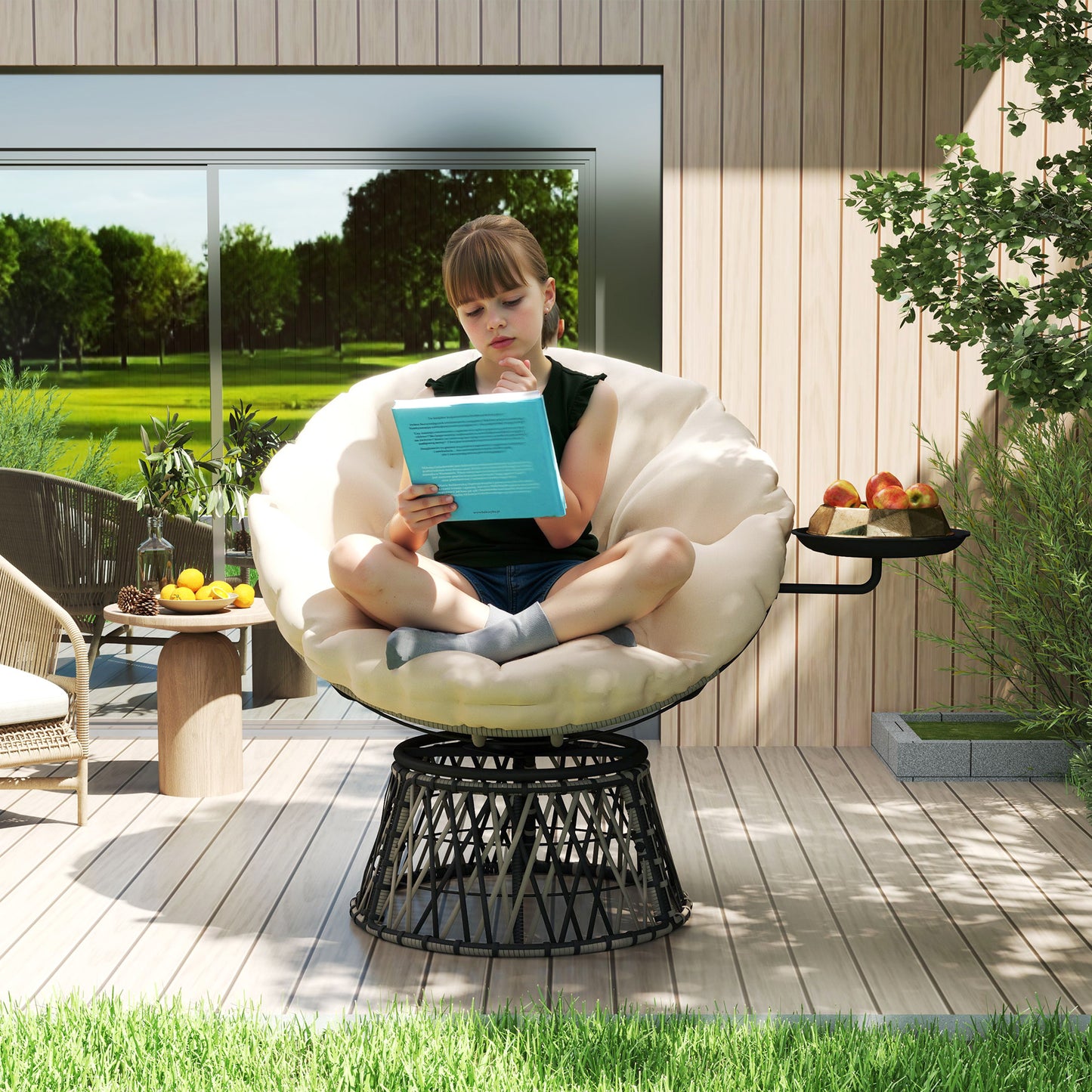 Outsunny Papasan lænestol, rotan, 360° drejelig, rattan stol med pude, diameter 90 cm, rund, beige