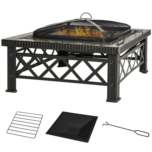 Outsunny 3-i-1 bålplads, ildkurv med gnistskærm, grillrist, isspand, havegrill, sort, 76 cm x 76 cm x 47 cm