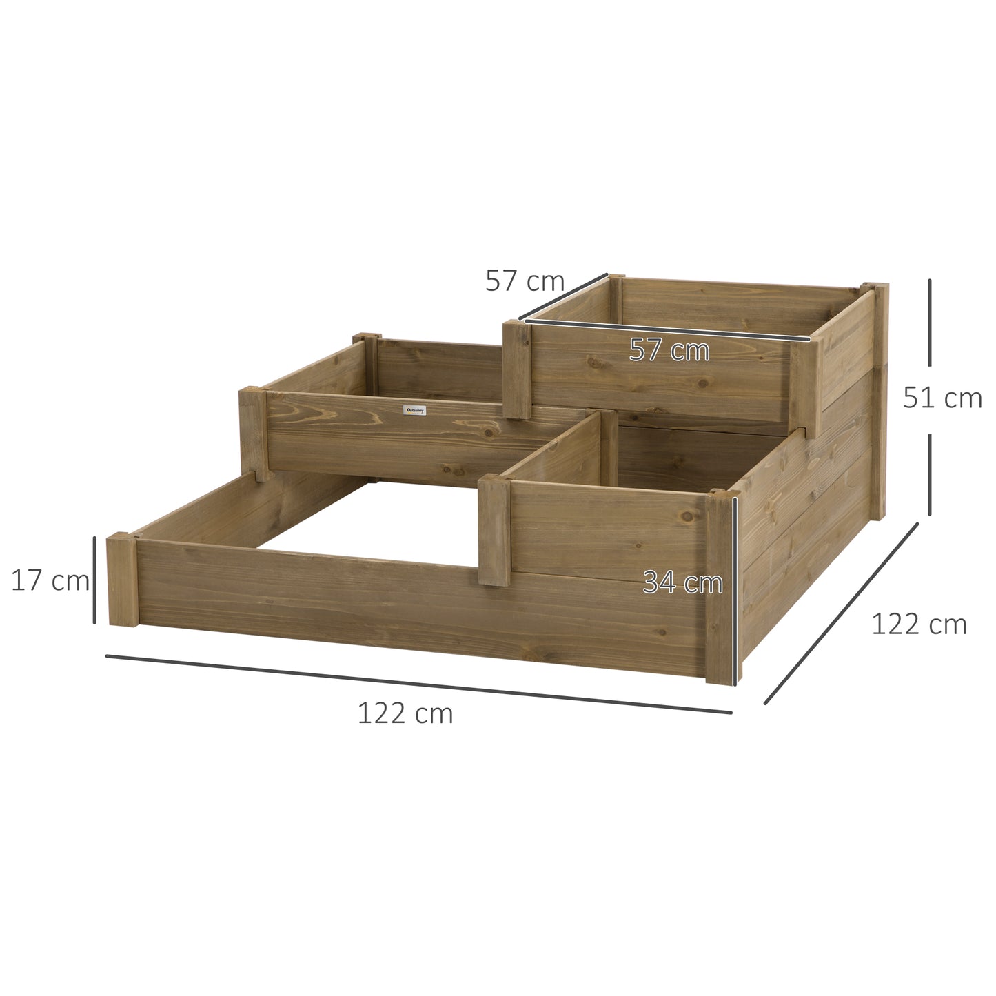 Outsunny Hævet Havebed, 4 plantekasser på 3 niveauer, vejrbestandig, massivt træ, 122 cm x 122 cm x 51 cm, naturlig