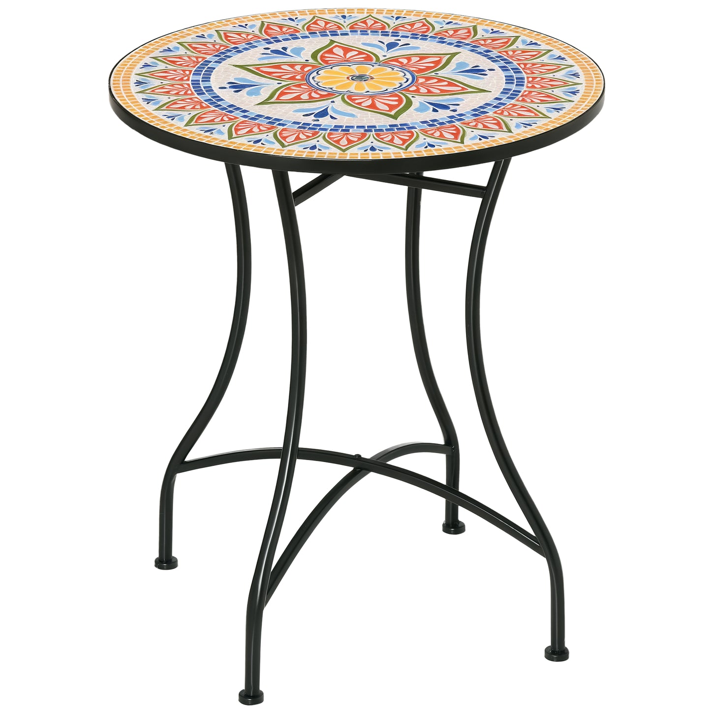 Outsunny havetabel Ø60 cm, vejrbestandig metal balkonbord, spisebord til udendørs brug, campingbord, sidebord, rund terrassebord til have, terrasse, balkon, rød+blå+hvid