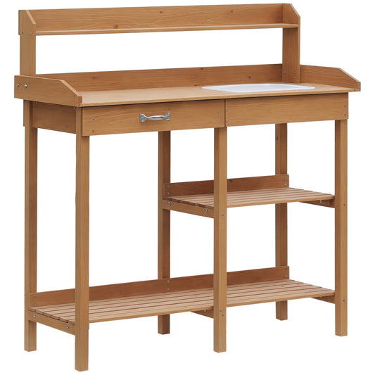 Outsunny Plant Table, Garden Table, Flower Table with Tray, Garden, Pine Wood, Natural, 117 x 45 x 121 cm