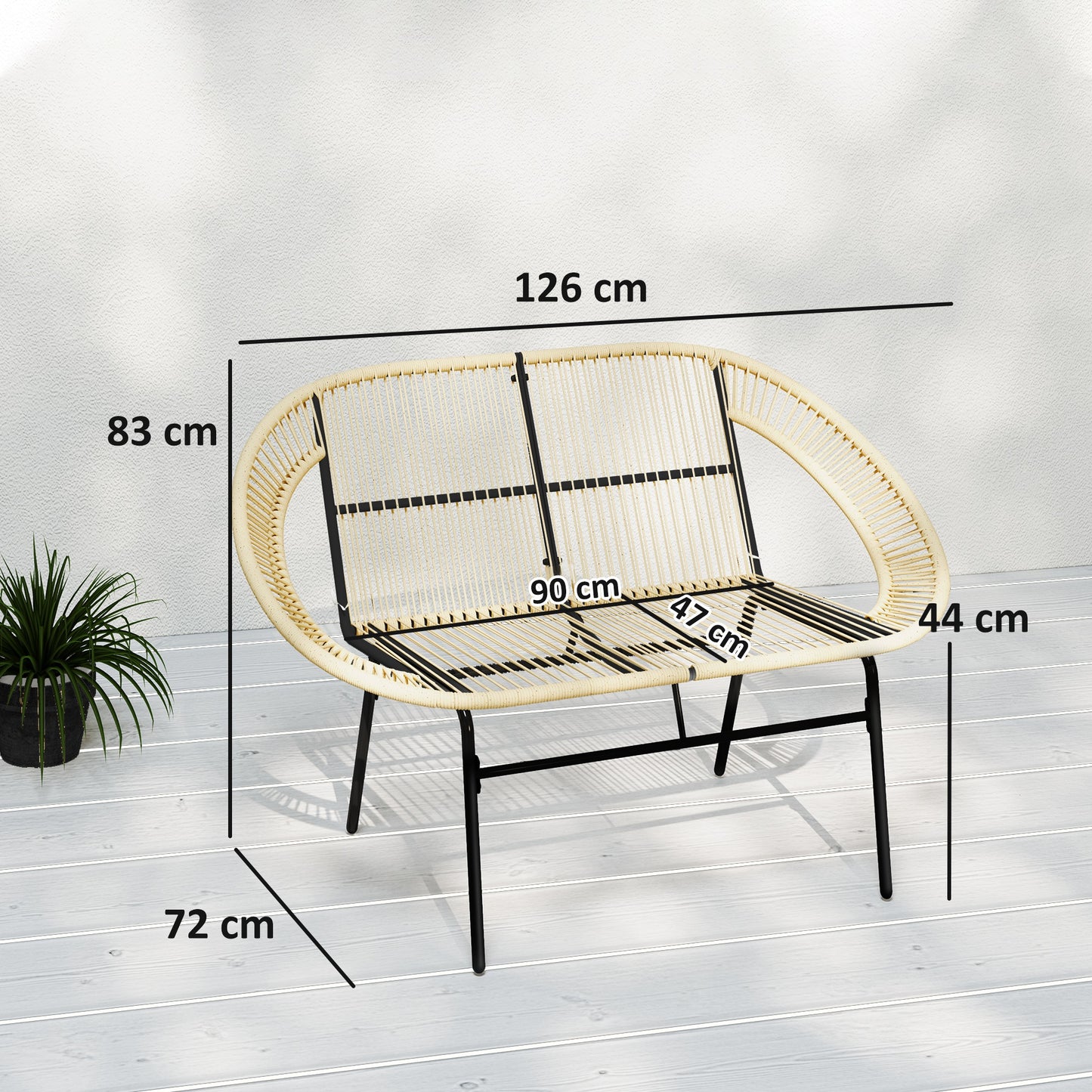 Outsunny 2-personers Havbænk, Polyrotan, Vejrbestandig, Rattan Bænk, UV-bestandig, Bæreevne 260 kg, Kaki