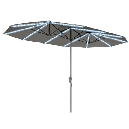 Outsunny Dobbelt Parasoll med Solarbelysning, Aluminium, Polyester, UPF50+ Beskyttelse, UV-bestandig, Patio Parasoll, Mørkegrå