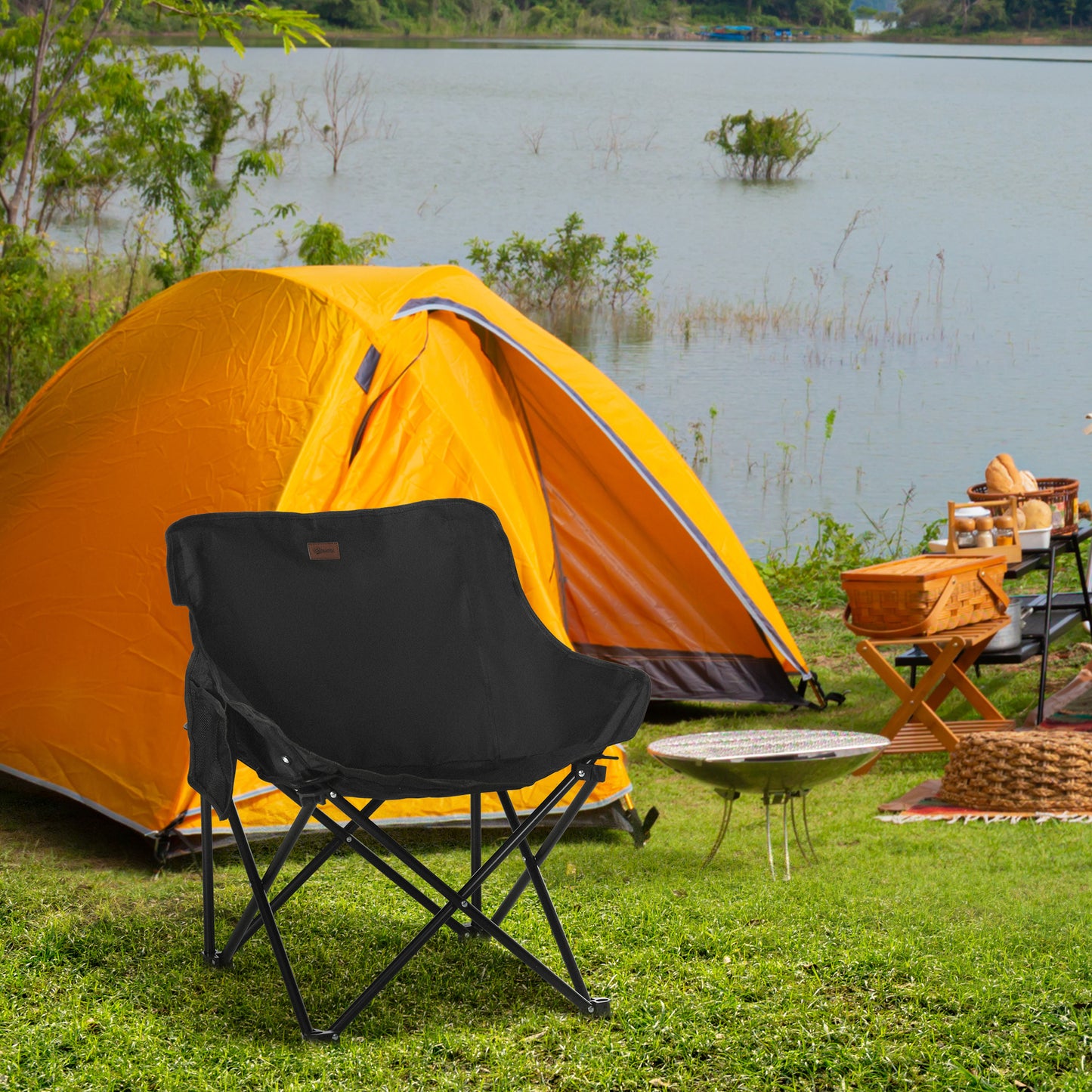Outsunny campingstol, sammenfoldelig, stålramme, stofsæde, bæretaske, sort