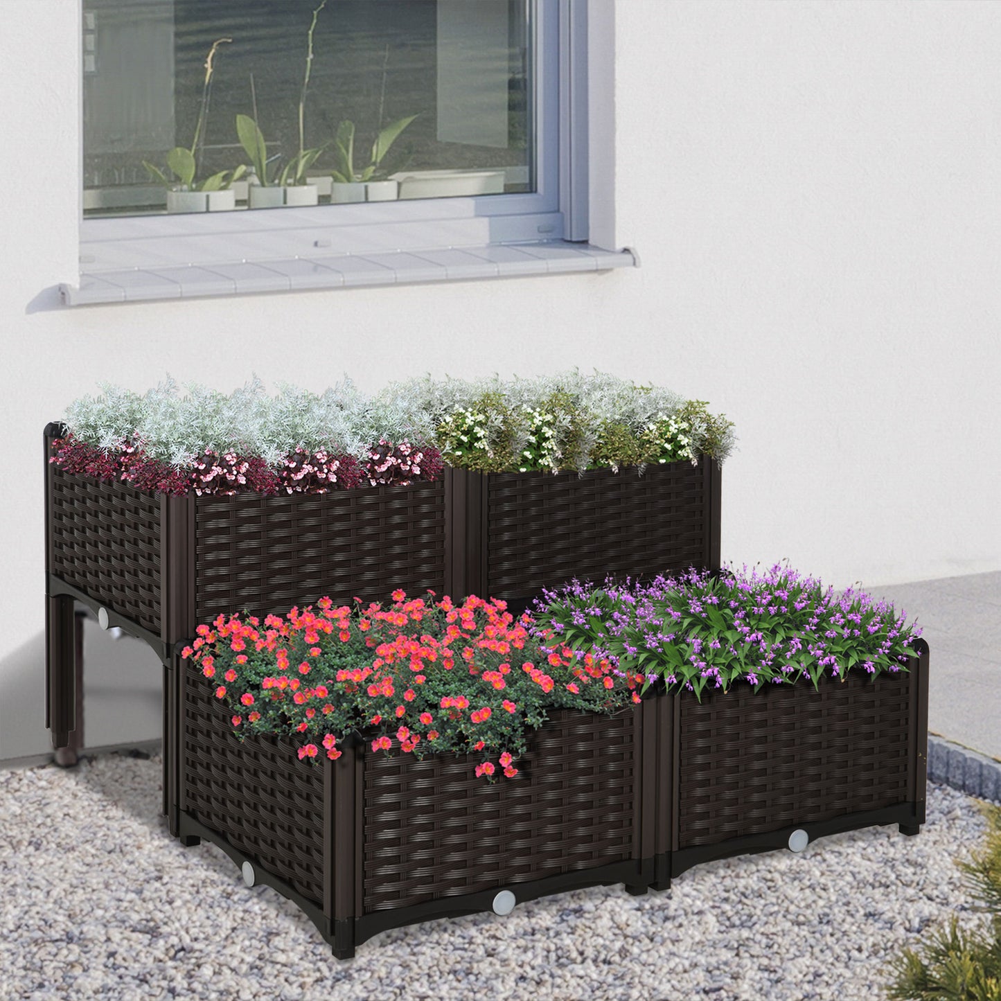 Outsunny forhøjet havebed, blomsterkasse med drænhuller, blomsterkasse med rattanlook, plastik, brun, 40 x 40 x 44 cm