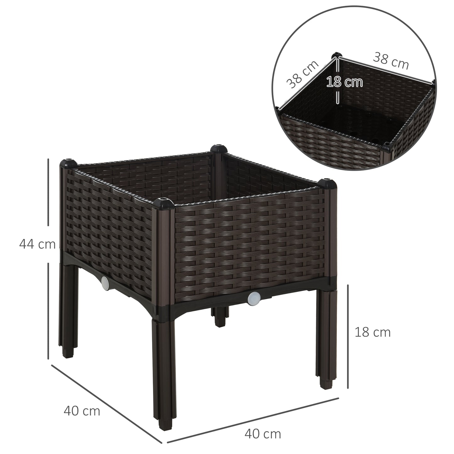 Outsunny forhøjet havebed, blomsterkasse med drænhuller, blomsterkasse med rattanlook, plastik, brun, 40 x 40 x 44 cm