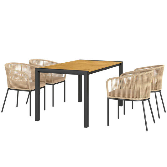 Outsunny 5-delt havemøbel sæt, 4 stole, 1 bord, kunstflet, stålramme, vaskbare hynder, til terrasse, kaki
