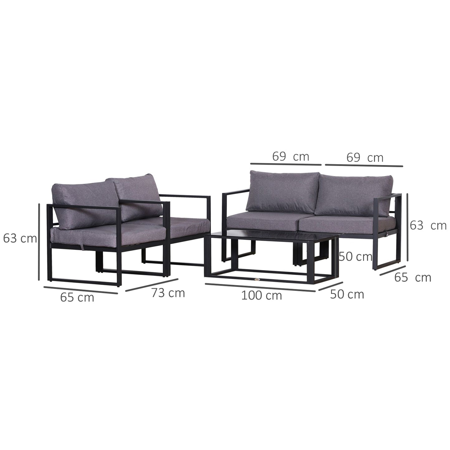 Outsunny fire-delt havemøbel sæt, siddegruppe, bænk med siddehynder, bord med opbevaringsplads, polyester, grå, 138 x 69 x 63 cm