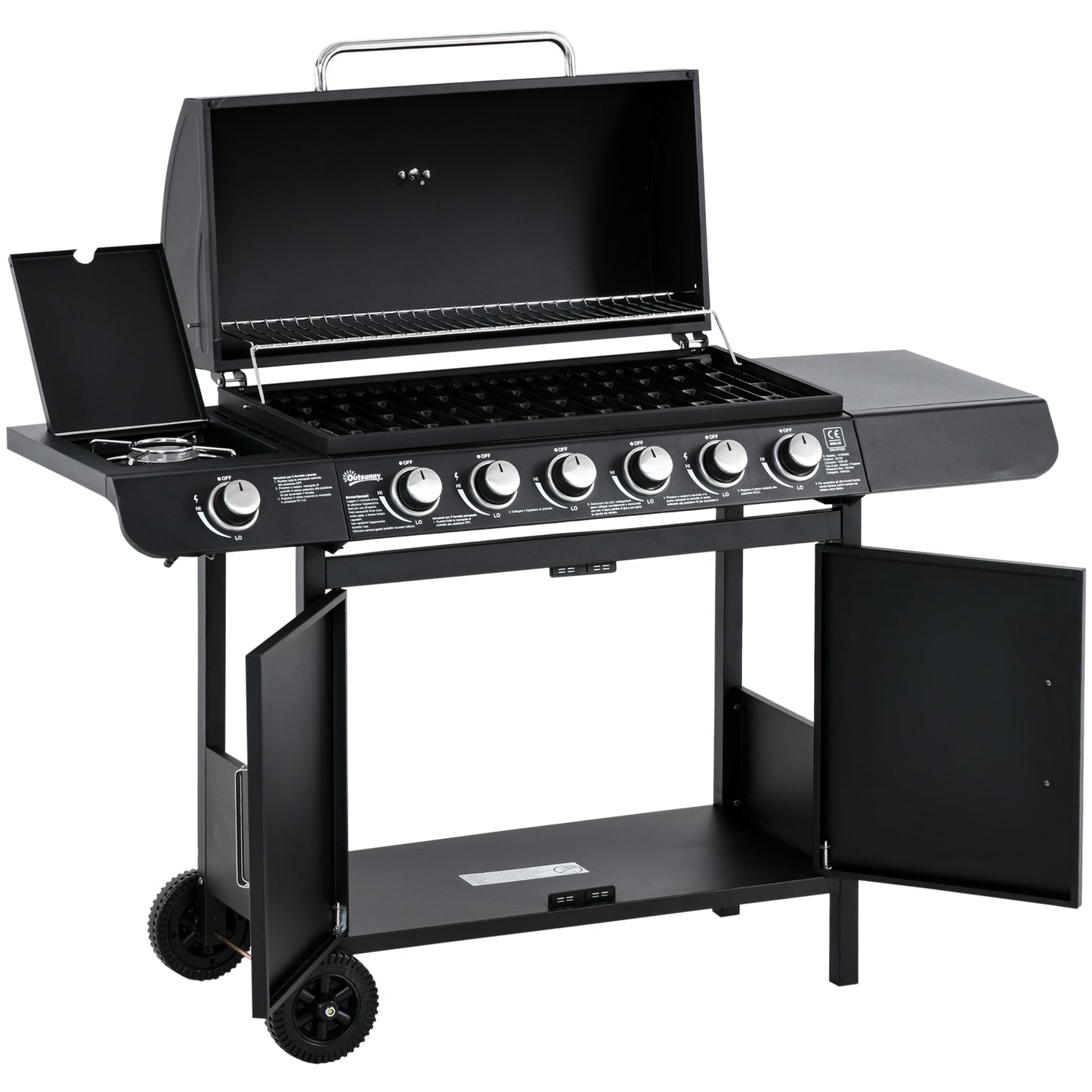 Outsunny 7-brænder gasgrill, inklusive thermometer, BBQ-grill, bærbar grill, sort