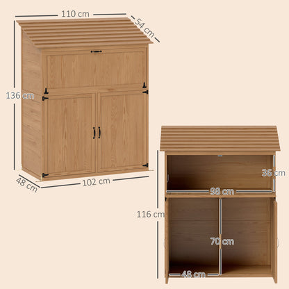 Outsunny havemøbel med foldbart bord, værktøjsskab med tag, 110 x 54 x 136 cm, fyrretræ, brun