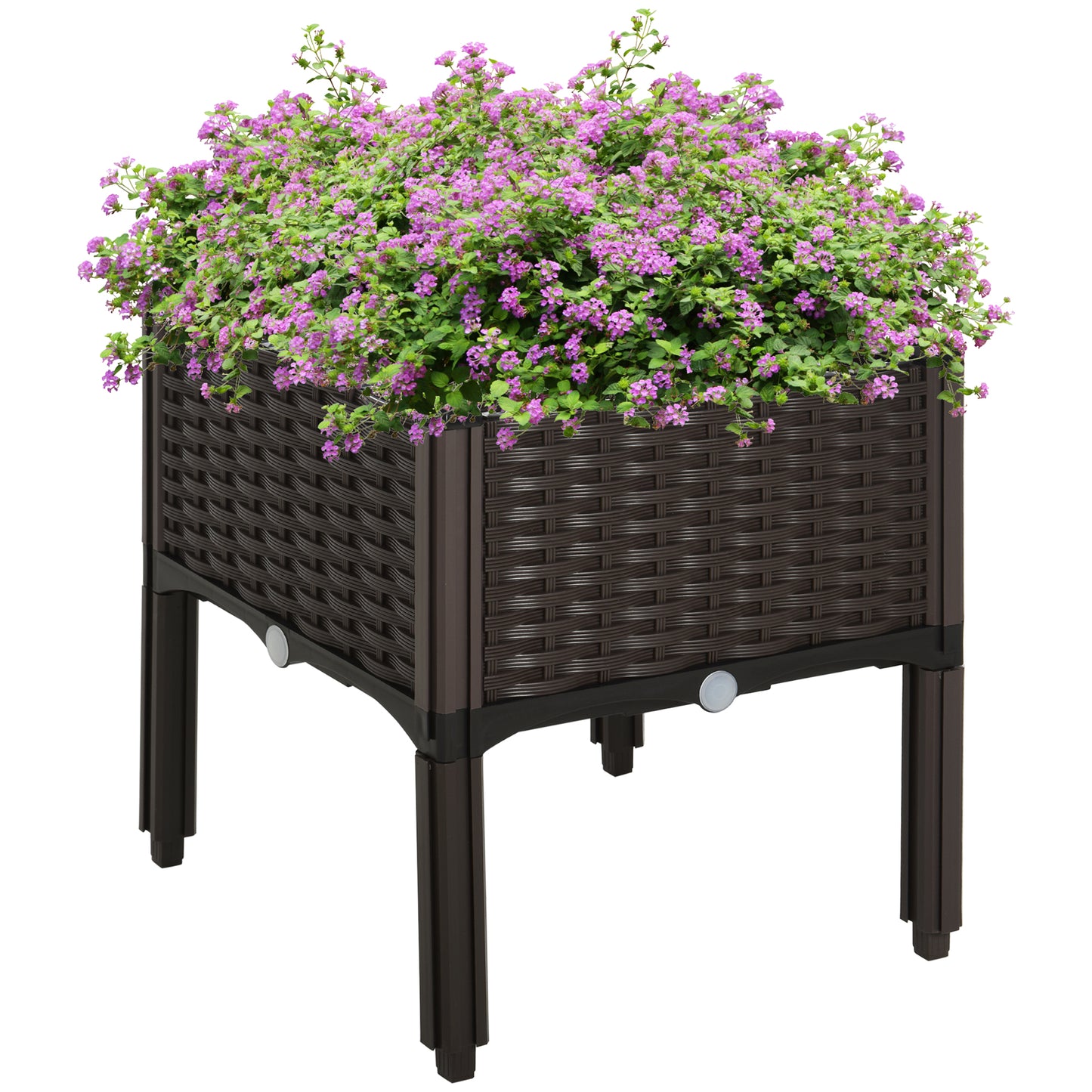 Outsunny forhøjet havebed, blomsterkasse med drænhuller, blomsterkasse med rattanlook, plastik, brun, 40 x 40 x 44 cm