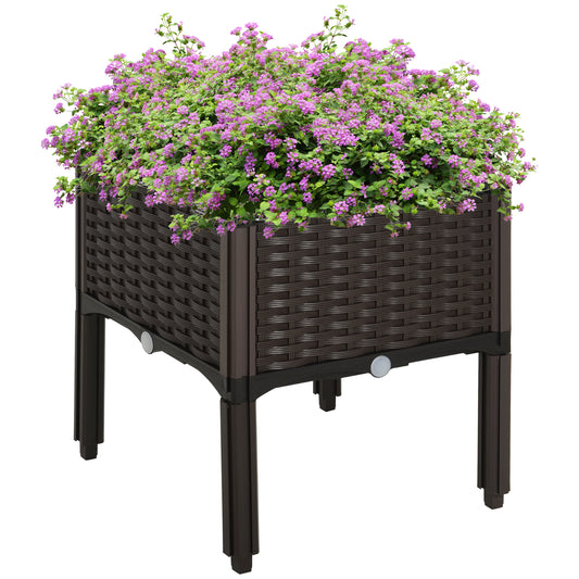 Outsunny forhøjet havebed, blomsterkasse med drænhuller, blomsterkasse med rattanlook, plastik, brun, 40 x 40 x 44 cm