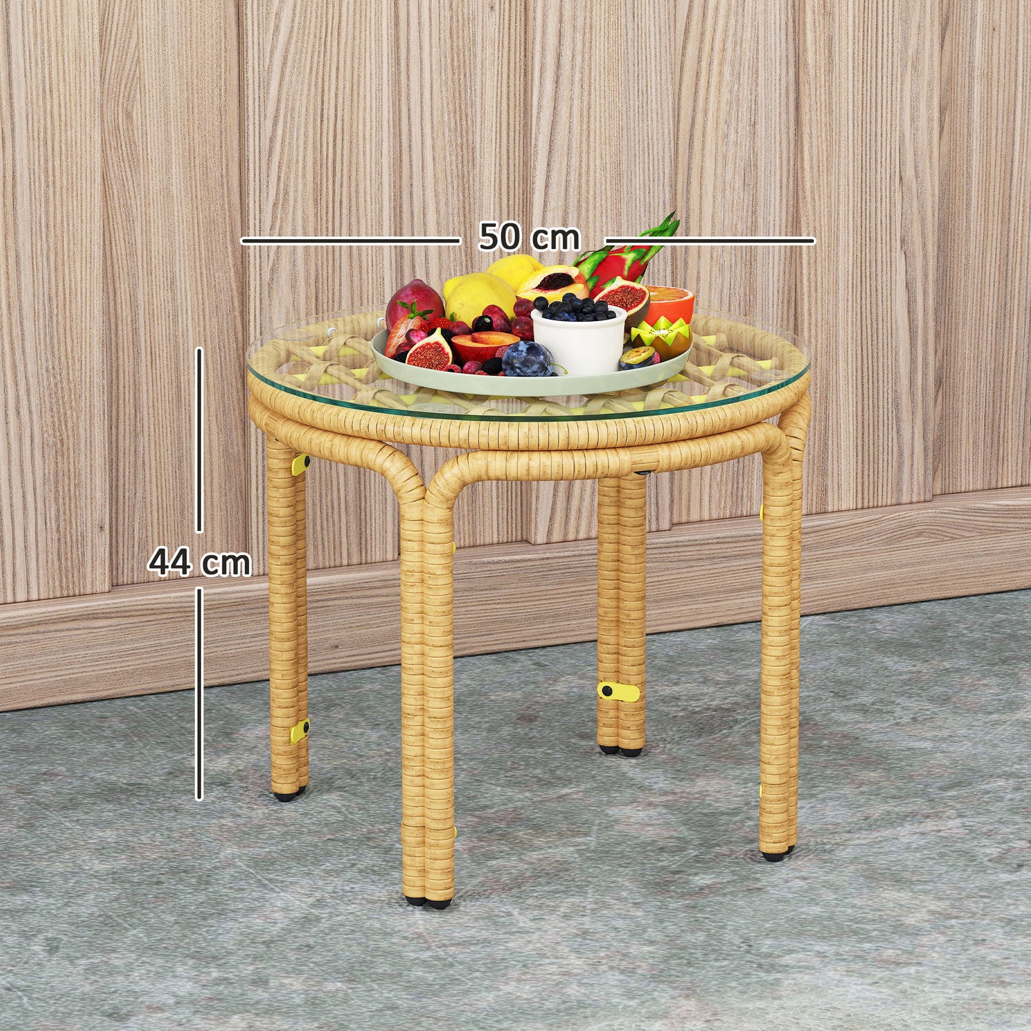 Sidebord i polyrattan med glasplade Ø50 cm