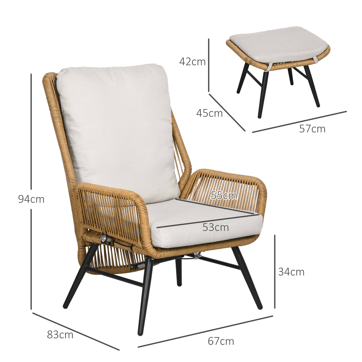 Justerbar havestol i polyrattan med fodskammel og hynder