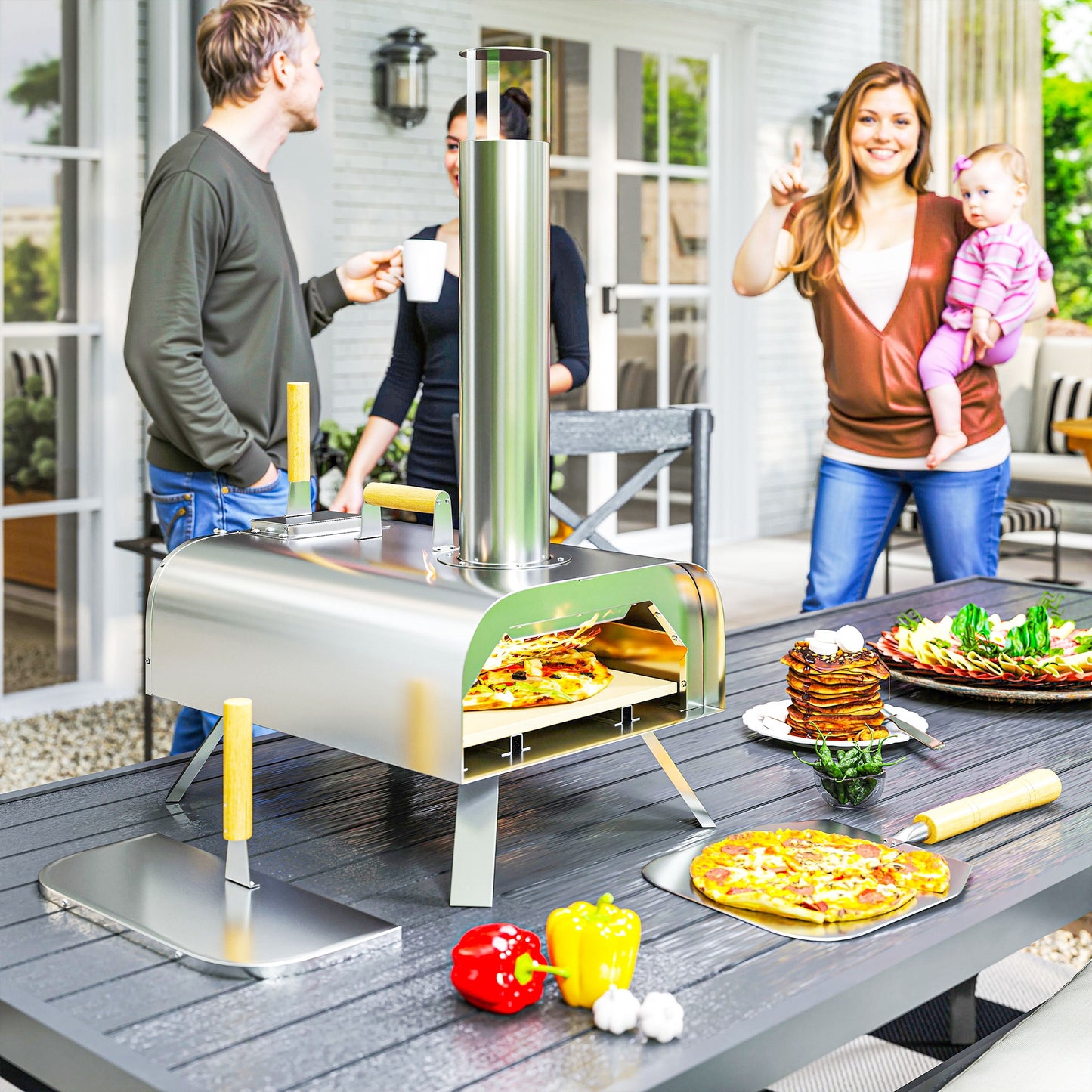 Outsunny Udendørs Pizzaovn, Bærbar Pizzaovn med Pizzasten og Spade, Sammenklappelige Ben, Skorsten, Rustfrit Stål