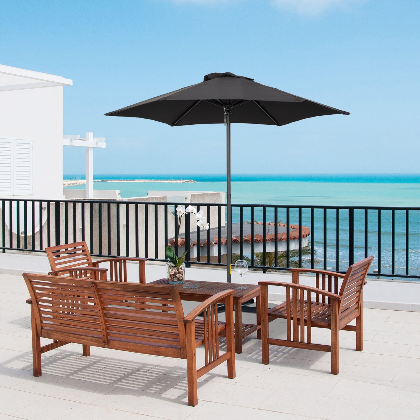 Outsunny Parasol Ø196 cm, sekskantet balkonparasol til strand, balkon, have, sort