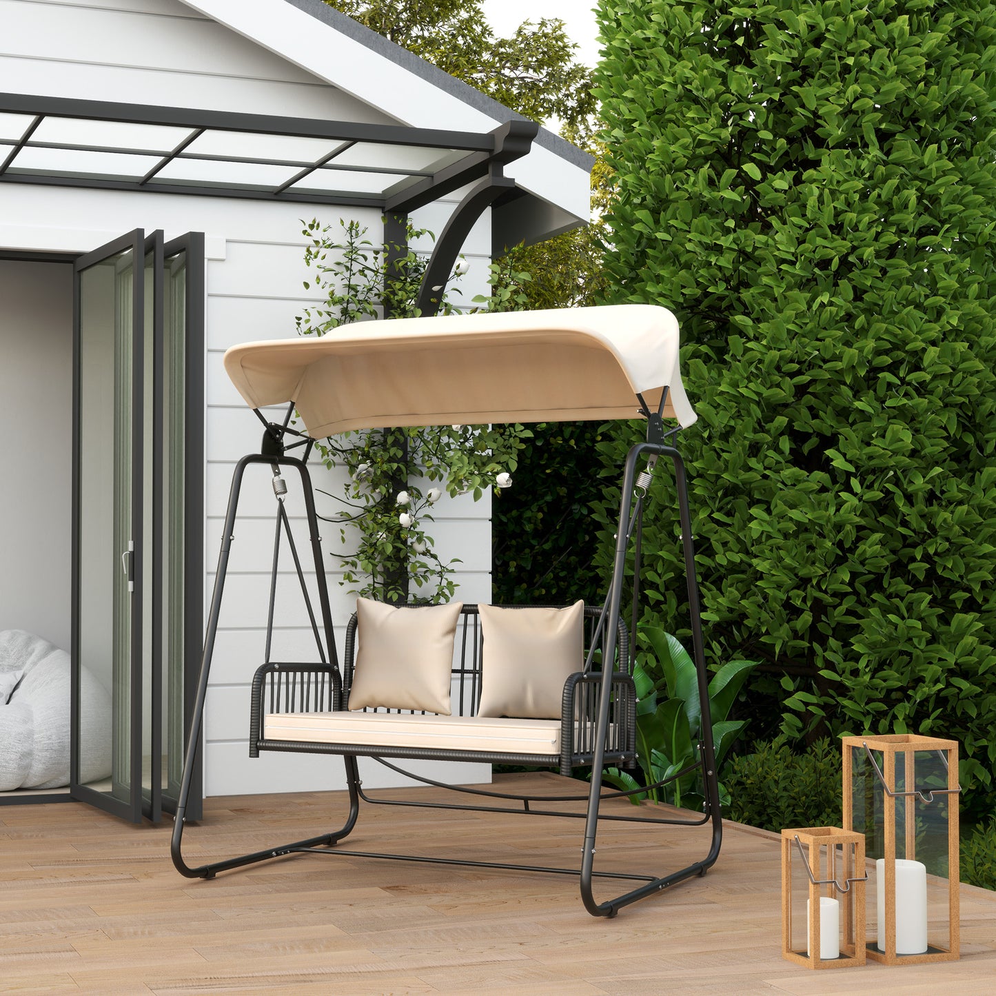 Outsunny Hollywood gynge rattan 2-personers havenswing med solskærm og puder, op til 240 kg, 149 x 121 x 180 cm, khaki