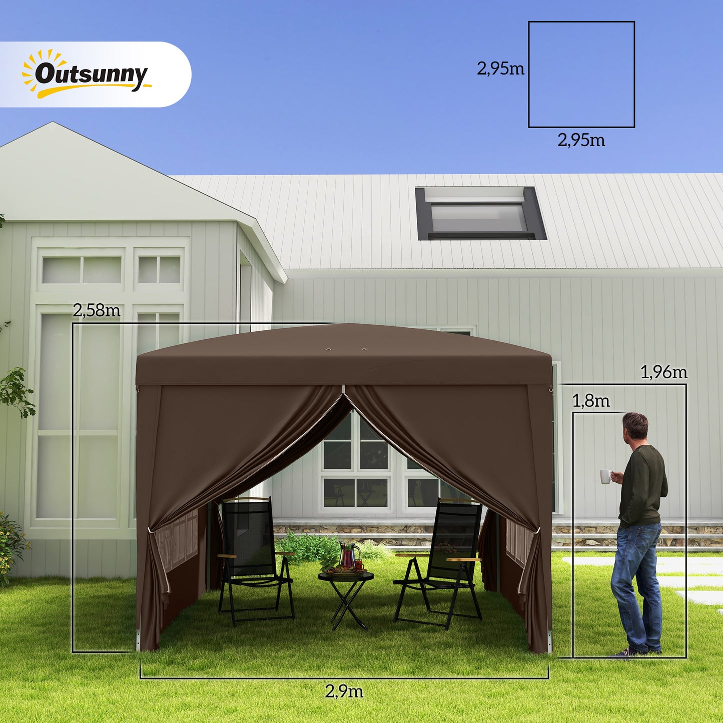 Outsunny 3 x 3 m pavillon med 4 sidepaneler, vindue, telt med UV-beskyttelse, have telt inklusive bæretaske, stål, kaffe