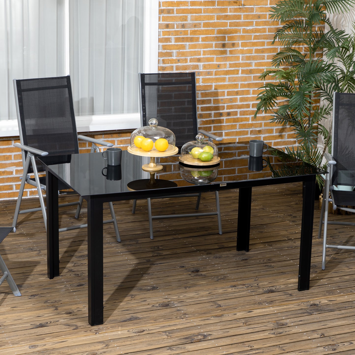 Outsunny havetabel til 6 personer, vejrbestandig, hærdet glas, terrassebord, 150 cm x 90 cm x 74 cm, sort