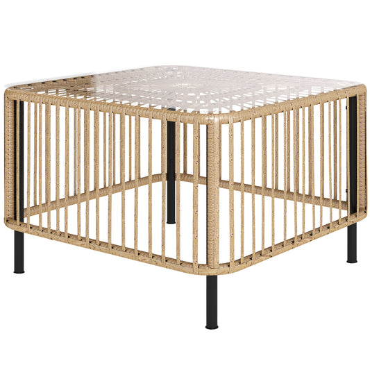 Outsunny polyrattan garden table, 65 x 65 x 43 cm, weather-resistant side table, square with glass top, natural wood