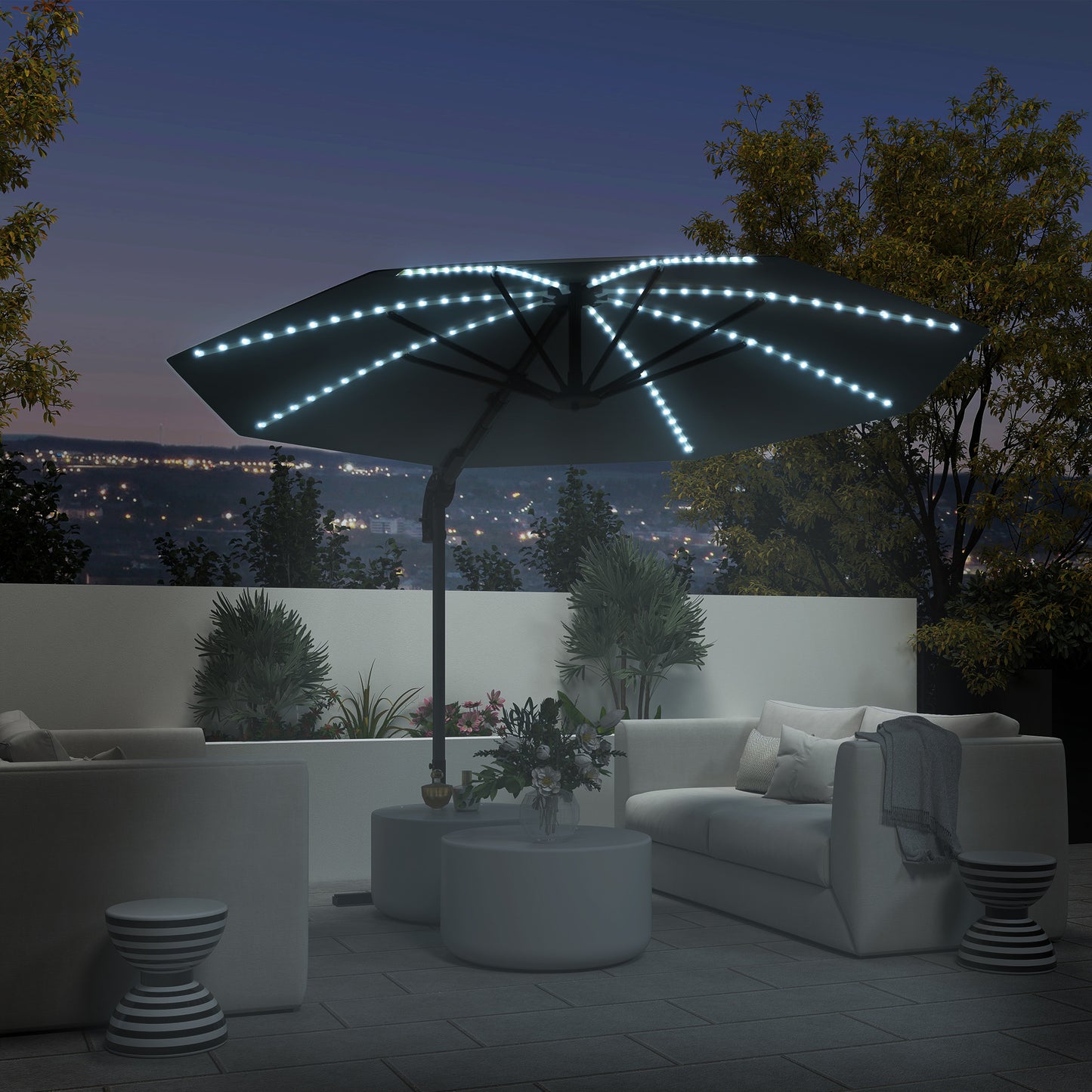 Outsunny Aluminium Cantilever Parasoll LED Sol Ø300 cm Højdejusterbar Solskærm med Svingestativ UV50+ Mørkegrå