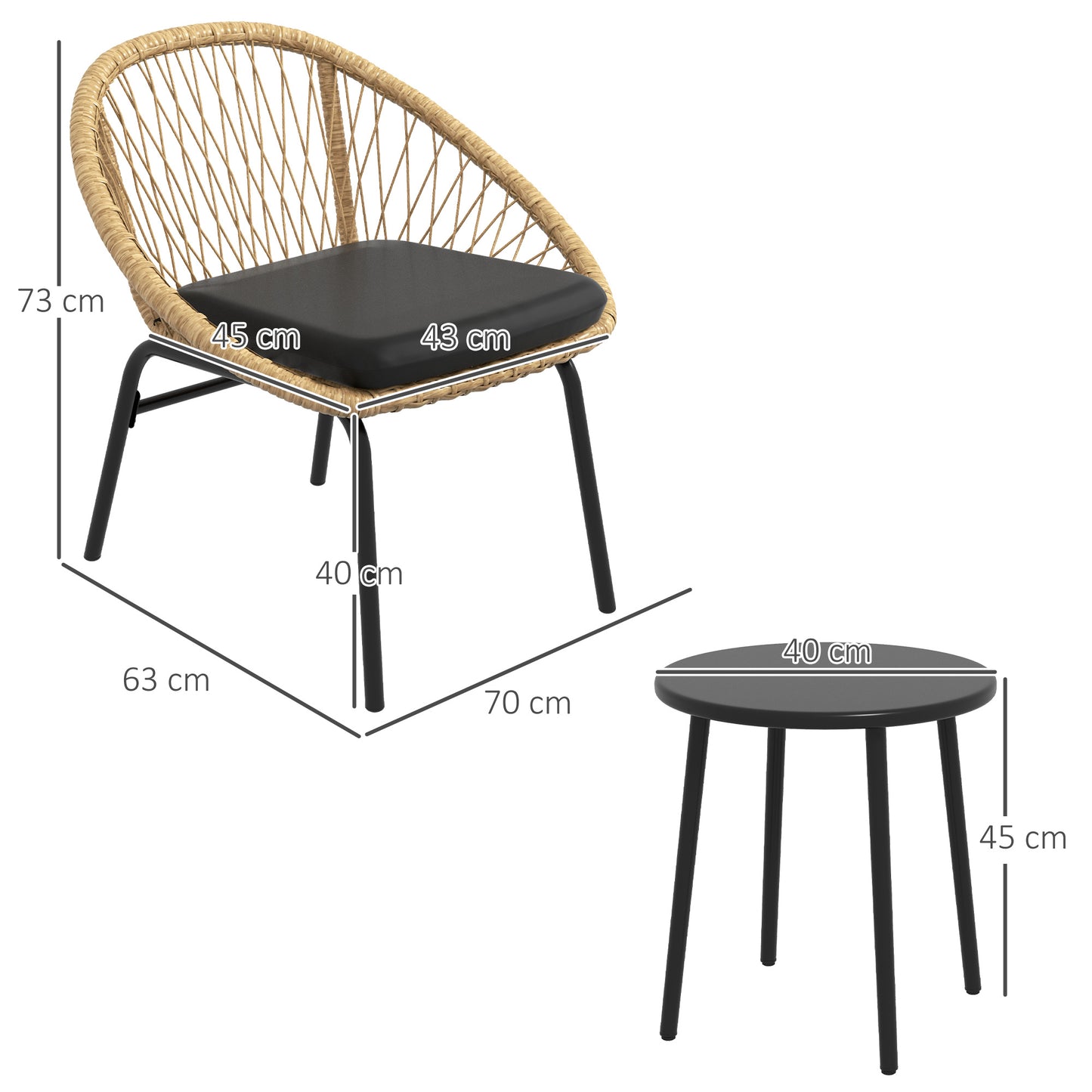 Outsunny rattan havemøbel sæt, 2 lænestole og bord, gul